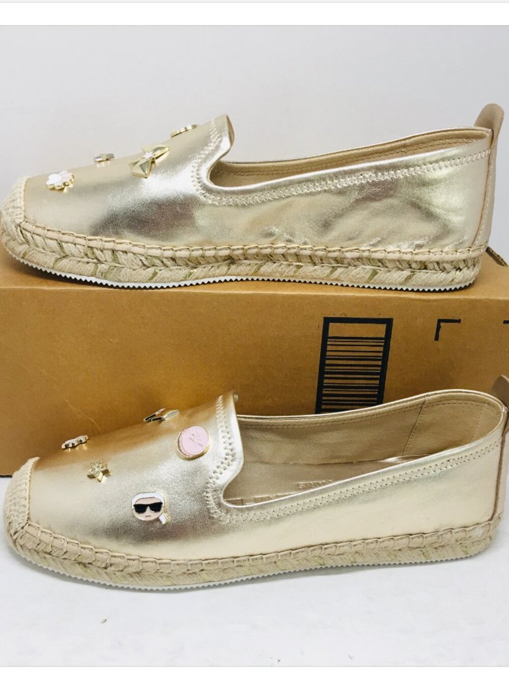 Karl Lagerfeld Metallic Gold Espadrille Slip-Ons with Charms Size 9.5